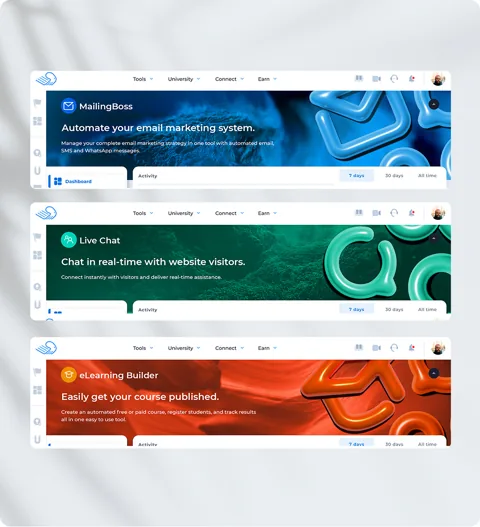 App header banners for MailingBoss, Live Chat and eLearning Builder