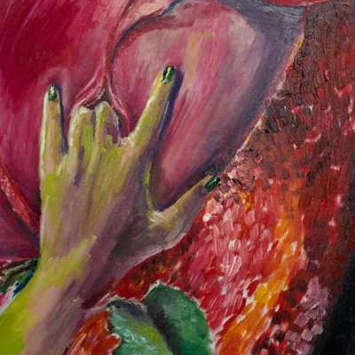Detail of 'Pleasures': a green hand with dark nails touching the heart