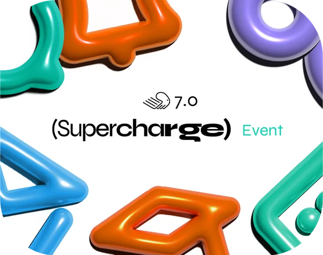 Builderall 7.0 (Supercharge) Event key art with glossy 3D shapes in teal, orange, purple and blue