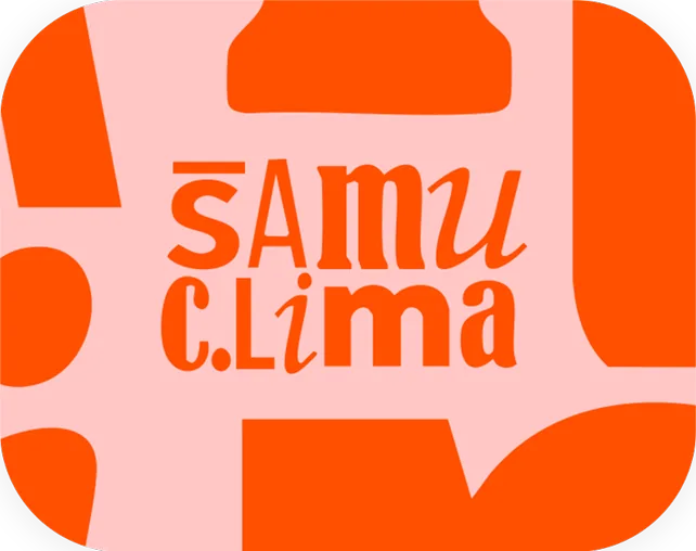 Samu Clima logotype in orange on pink, framed by bold abstract shapes
