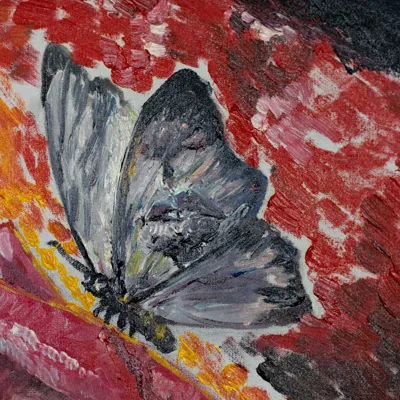 Detail of 'Pleasures': a gray butterfly over red and orange dabs