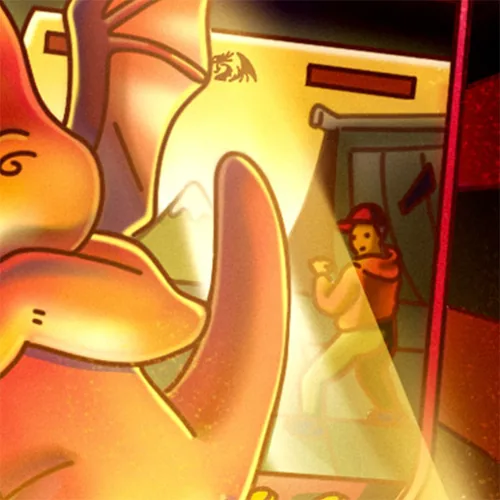 Detail: dragon tail with an arcade fighter in the background