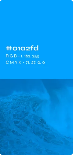 Palette card: blue #01a2fd over a crashing wave