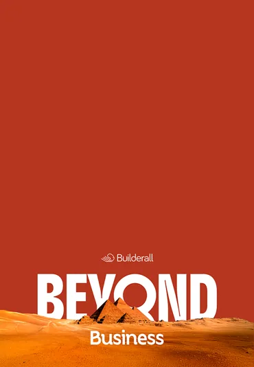 BEYOND Business poster: Egyptian pyramids in the desert on red