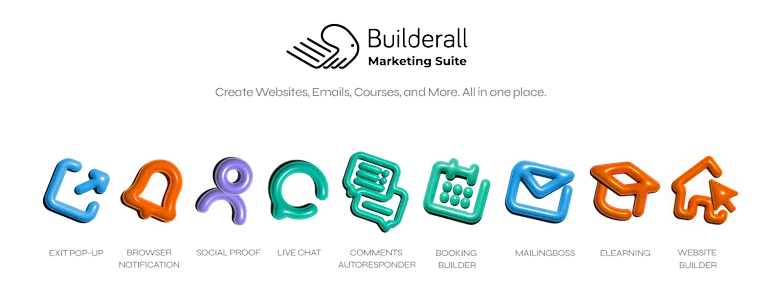 Builderall 3D icon set: exit pop-up, live chat, MailingBoss, eLearning and more