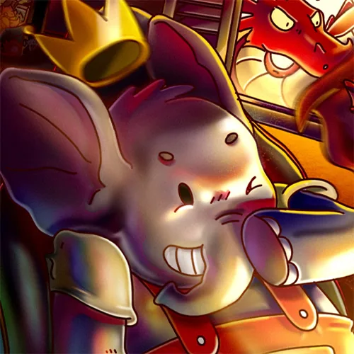 Detail: Semi, the crowned elephant, grinning in the gaming chair