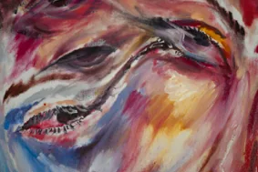 Detail of 'Love': overlapping, distorted eyes in loose brushstrokes