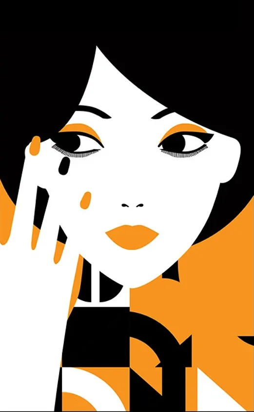 Flat illustration of a woman with a black bob, orange lips and nails