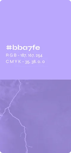 Palette card: lilac #bba7fe over a lightning storm