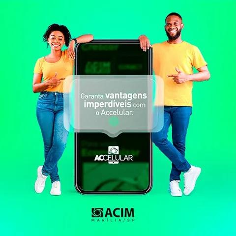 ACIM Accelular post: couple pointing at a giant smartphone