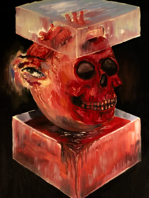 'Suffering': red skull fused with a heart, between two glass blocks