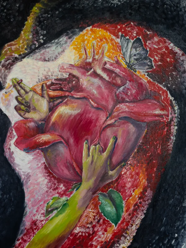 'Pleasures': heart surrounded by reaching hands, a gray butterfly and leaves