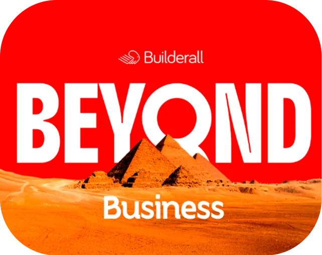 Builderall BEYOND key art: white title over a red sky, Egyptian pyramids and “Business”
