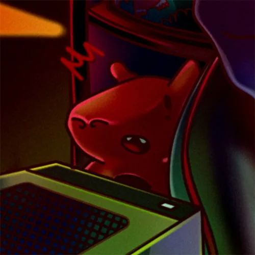 Detail: red dragon peeking out behind a glowing PC case