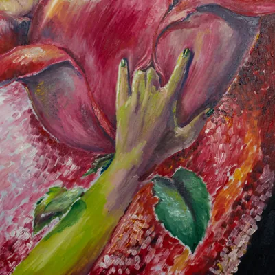 Detail of 'Pleasures': a green arm reaching up to the heart, among leaves