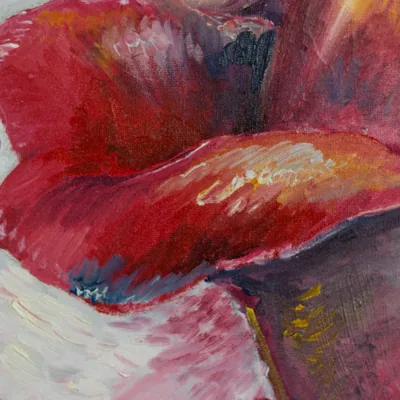 Detail of 'Pleasures': thick red brushstrokes on a lobe of the heart