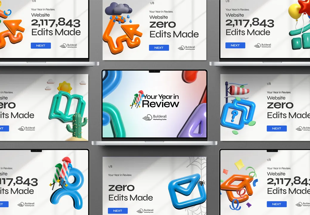 “Your Year in Review” app screens with website edit stats and 3D icons