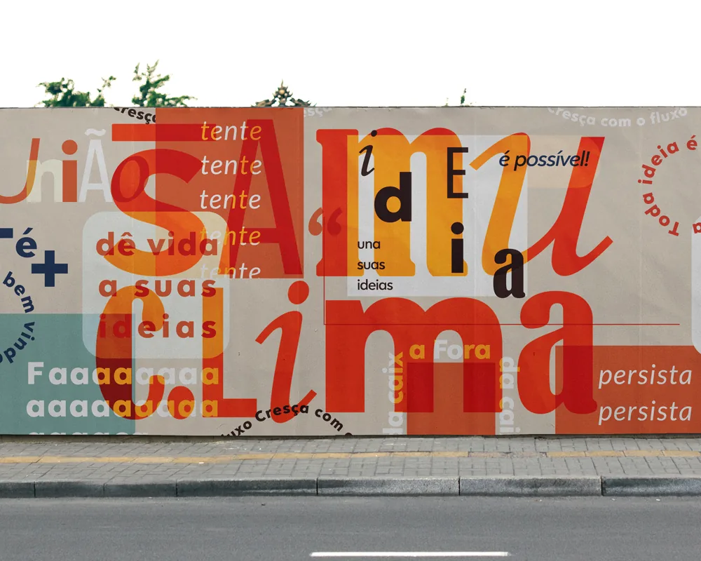 Samu Clima street mural with phrases like “dê vida a suas ideias” and “persista”