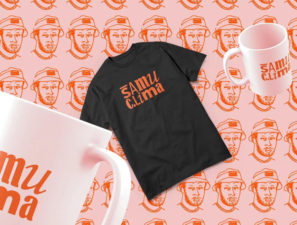Black T-shirt and mugs with the Samu Clima logo over an illustrated portrait pattern