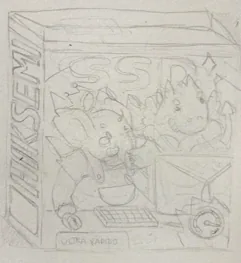 Pencil draft of the box: elephant and dragon at the computer