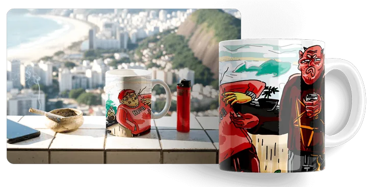 High no Rio! mug with a stoner and a devil, on a balcony overlooking the beach