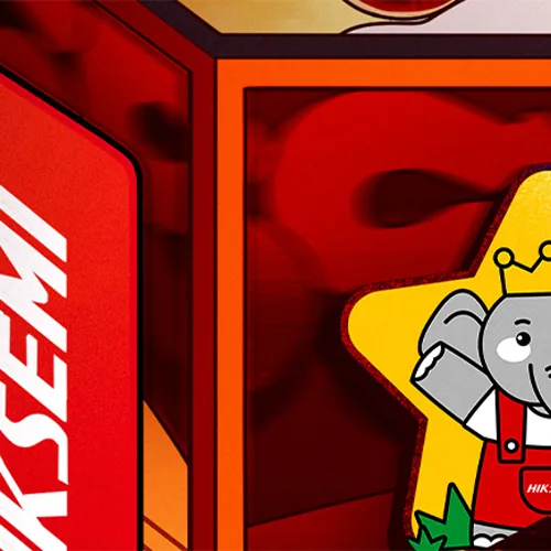 Detail: Hiksemi logo and a star badge with the crowned elephant