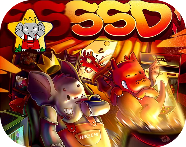SSD Raised to the Cube illustration: Hiksemi elephant and red dragon mascots in a fiery arcade