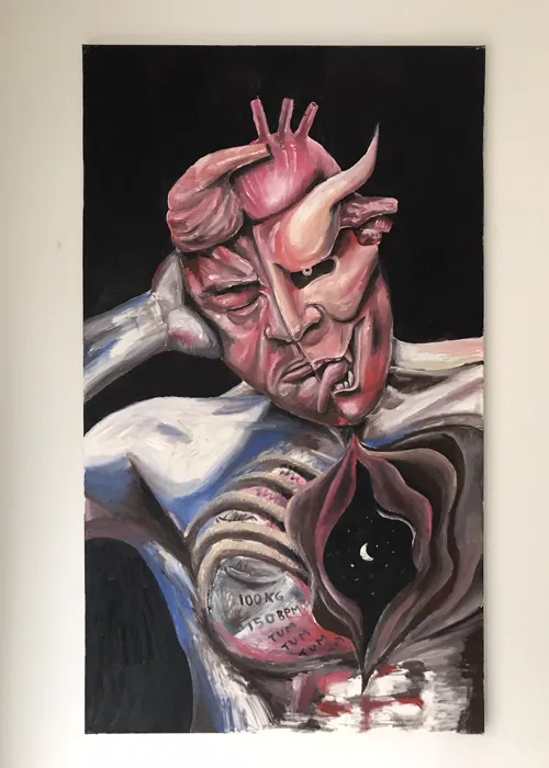 'Anguish': horned, heart-headed figure, chest marked '100KG 150BPM TUM TUM'