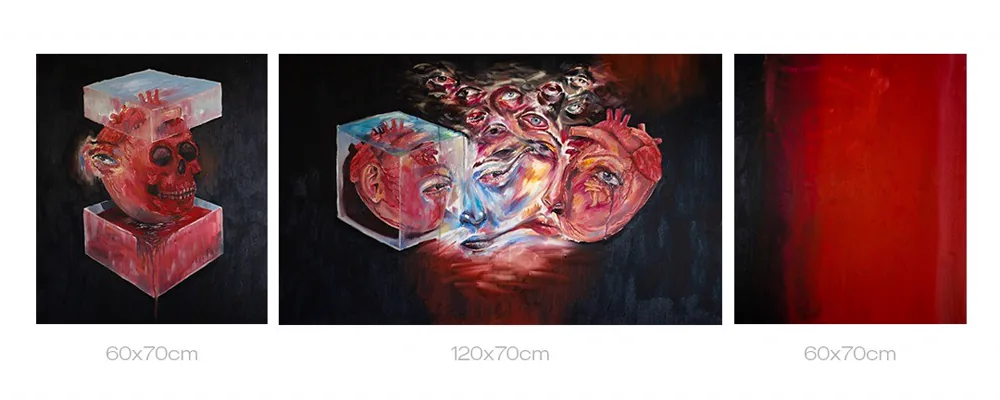 Three paintings side by side: 'Suffering' (60x70cm), 'Love' (120x70cm) and a red canvas (60x70cm)