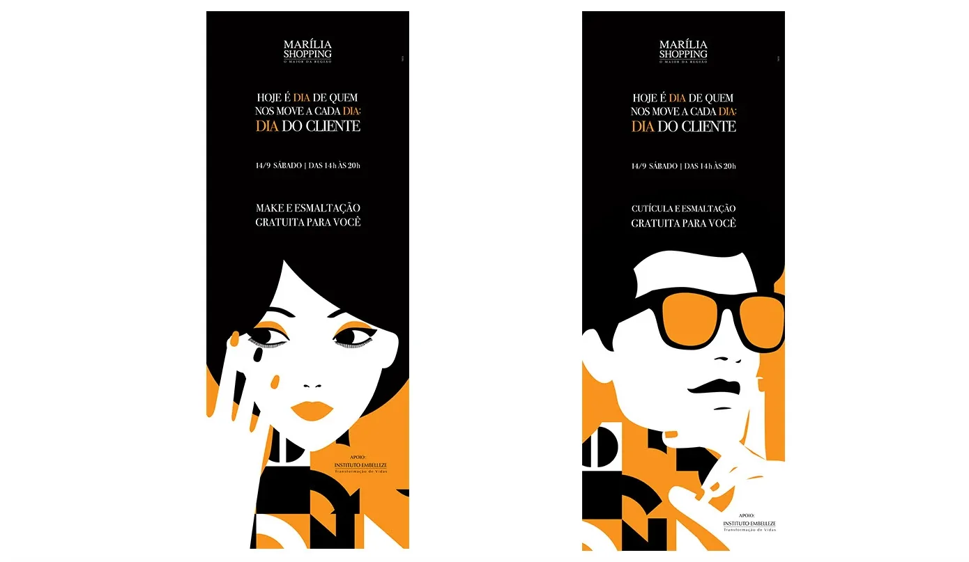 Two 'Dia do Cliente' posters: 'Make e esmaltação' (woman) and 'Cutícula e esmaltação' (man)