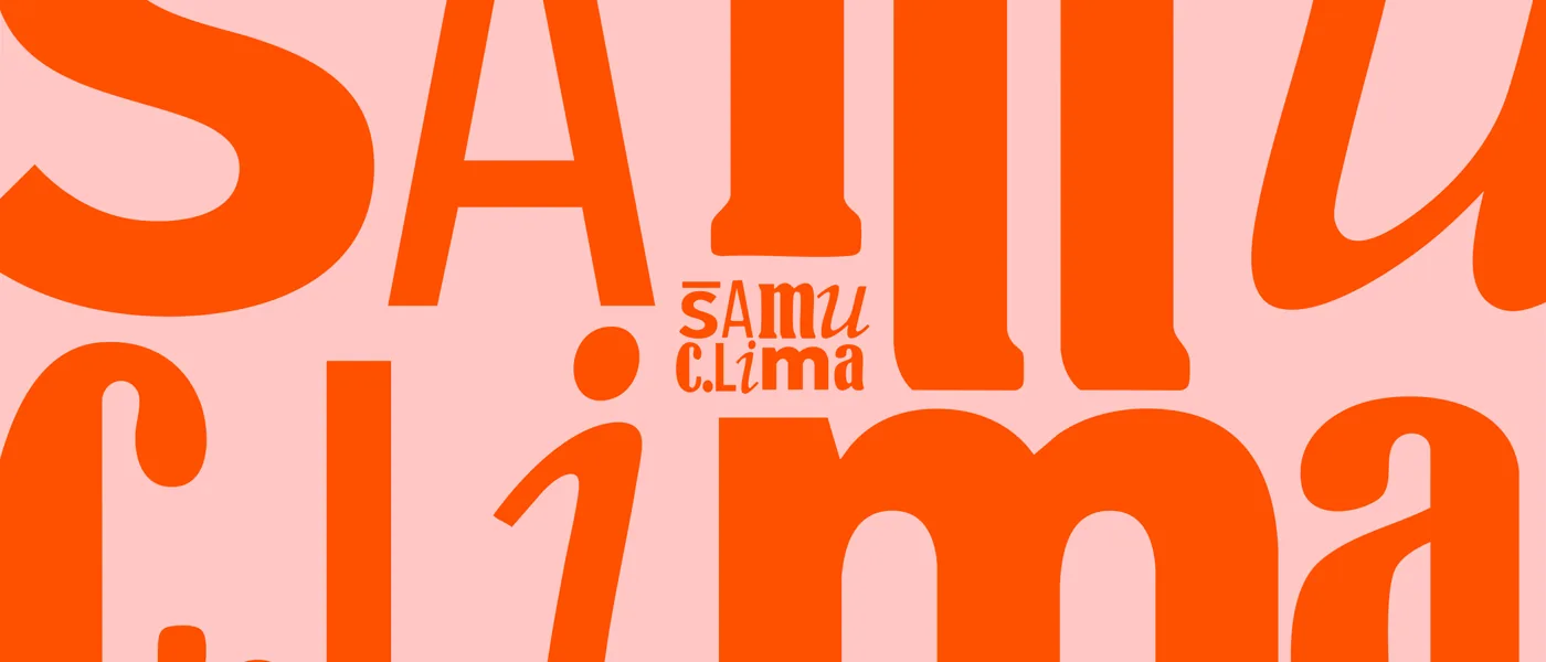 Orange Samu Clima logo on pink, over oversized letterforms