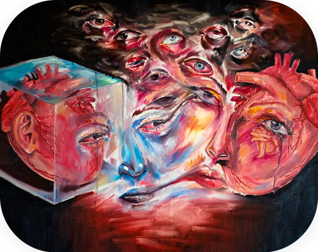SAMU CLIMA painting: fragmented faces, many eyes, a glass cube and an anatomical heart