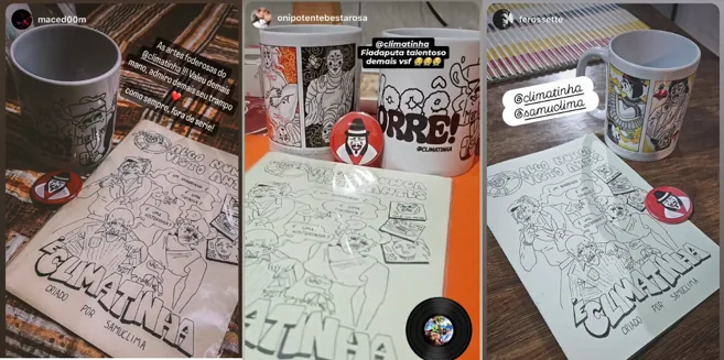 Customers’ Instagram stories showing the mugs, pin and Climatinha comic