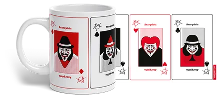 Baralho Anarquista! art laid flat: four cards featuring the masked anarchist