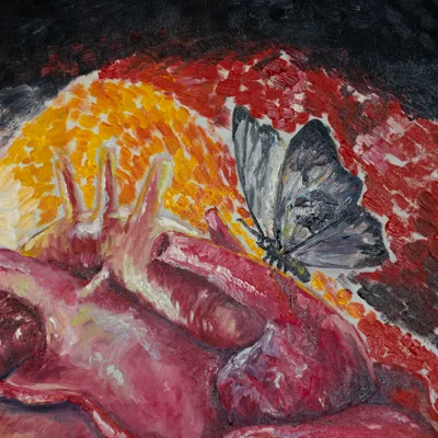 Detail of 'Pleasures': a gray butterfly and a hand atop the heart