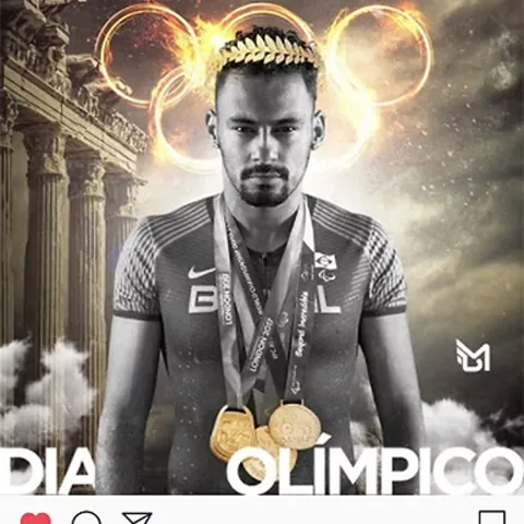 “Dia Olímpico” post: Brazilian Paralympic athlete with gold medals and a laurel crown