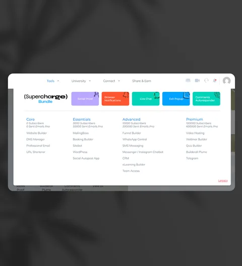 Builderall Tools menu UI featuring the Supercharge Bundle apps