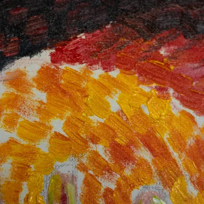 Detail of 'Pleasures': orange and yellow impasto dabs on canvas