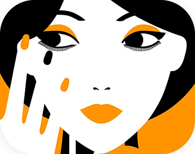 Marília Shopping illustration: woman’s face in black, white and orange, hand on her cheek