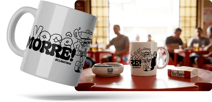 Você Morre! mug with a cartoon Marlboro pack, on a bar table