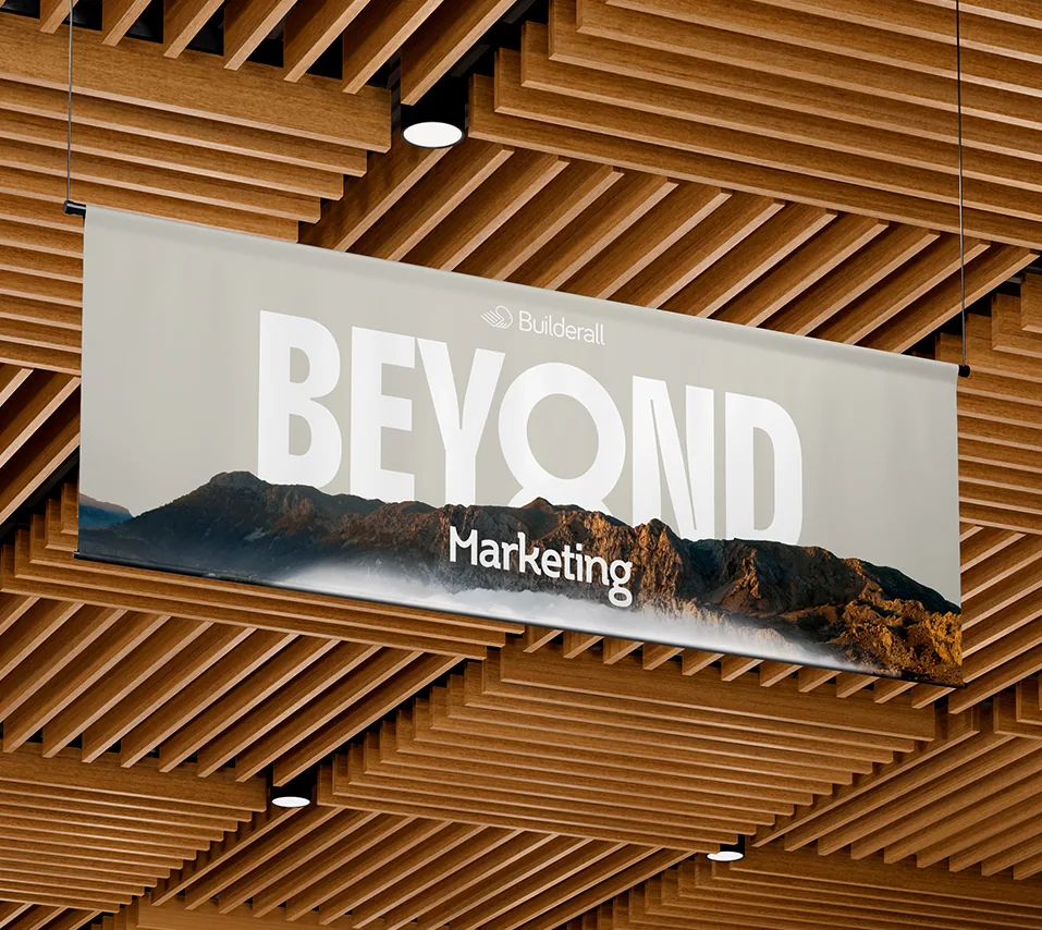 Hanging BEYOND Marketing banner with mountain peaks