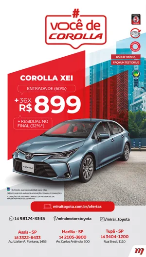 Mirai Toyota “#VocêDeCorolla” story: blue Corolla XEi from R$ 899 a month