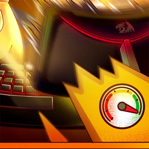 Detail: keyboard, Redragon monitor and a speed gauge icon