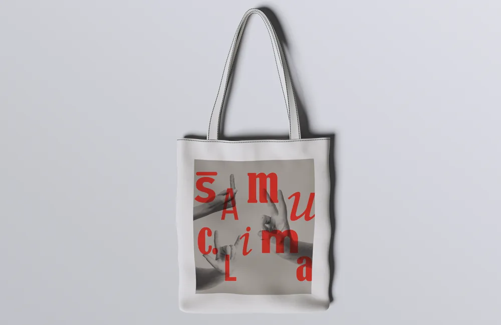 Tote bag with the red Samu Clima logo over photos of hands