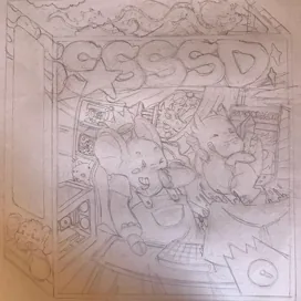 Pencil sketch of the gamer room with the “SSSSD” title