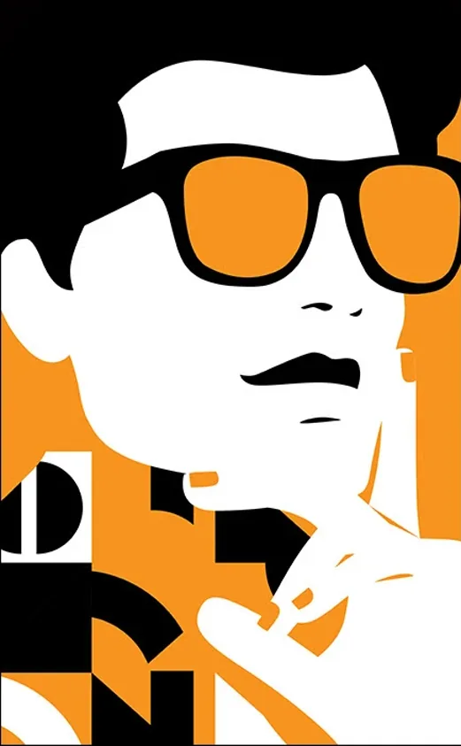 Flat illustration of a man in orange sunglasses, hand at his chin