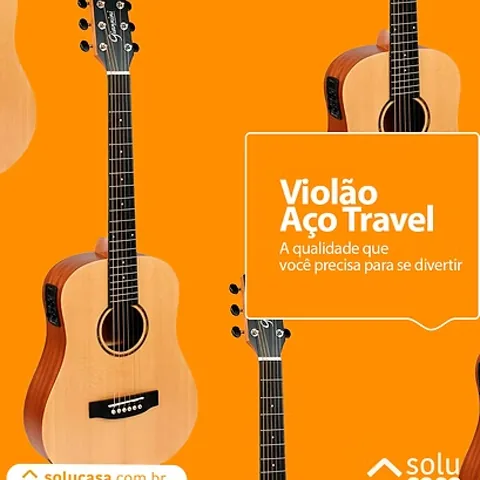 Solucasa post: Aço Travel acoustic guitar on an orange background