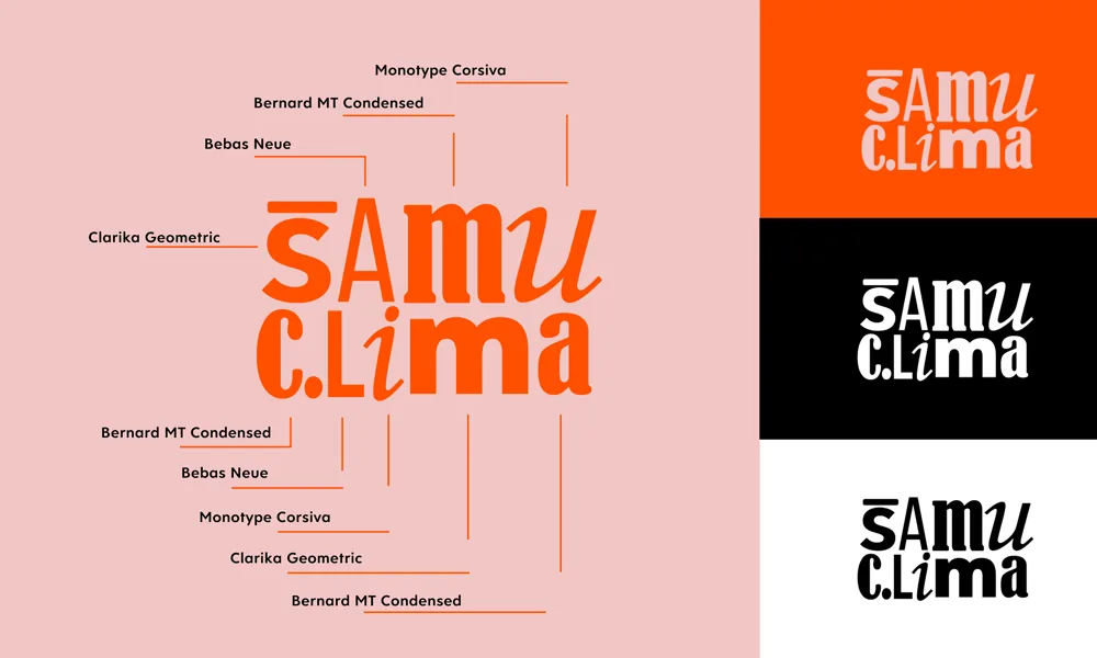 Samu Clima logo anatomy: Bebas Neue, Bernard MT Condensed, Clarika Geometric and Monotype Corsiva, plus colour versions