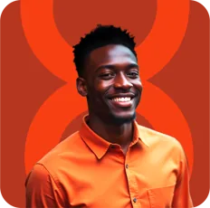 Persona portrait: smiling man in an orange shirt over a red 8