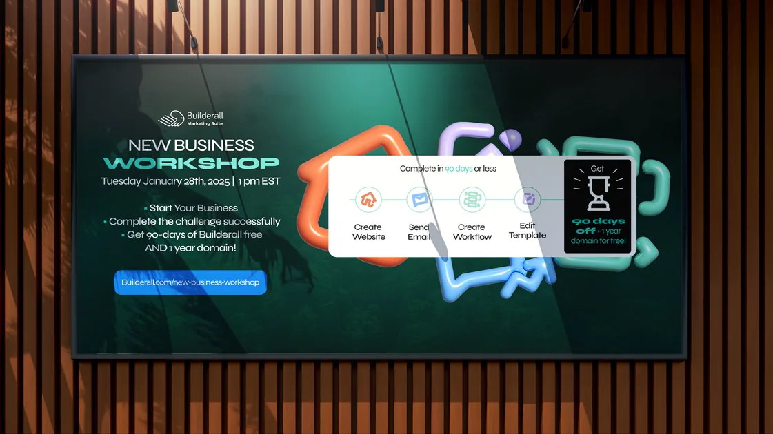 New Business Workshop billboard: 90 days of Builderall free plus a 1-year domain